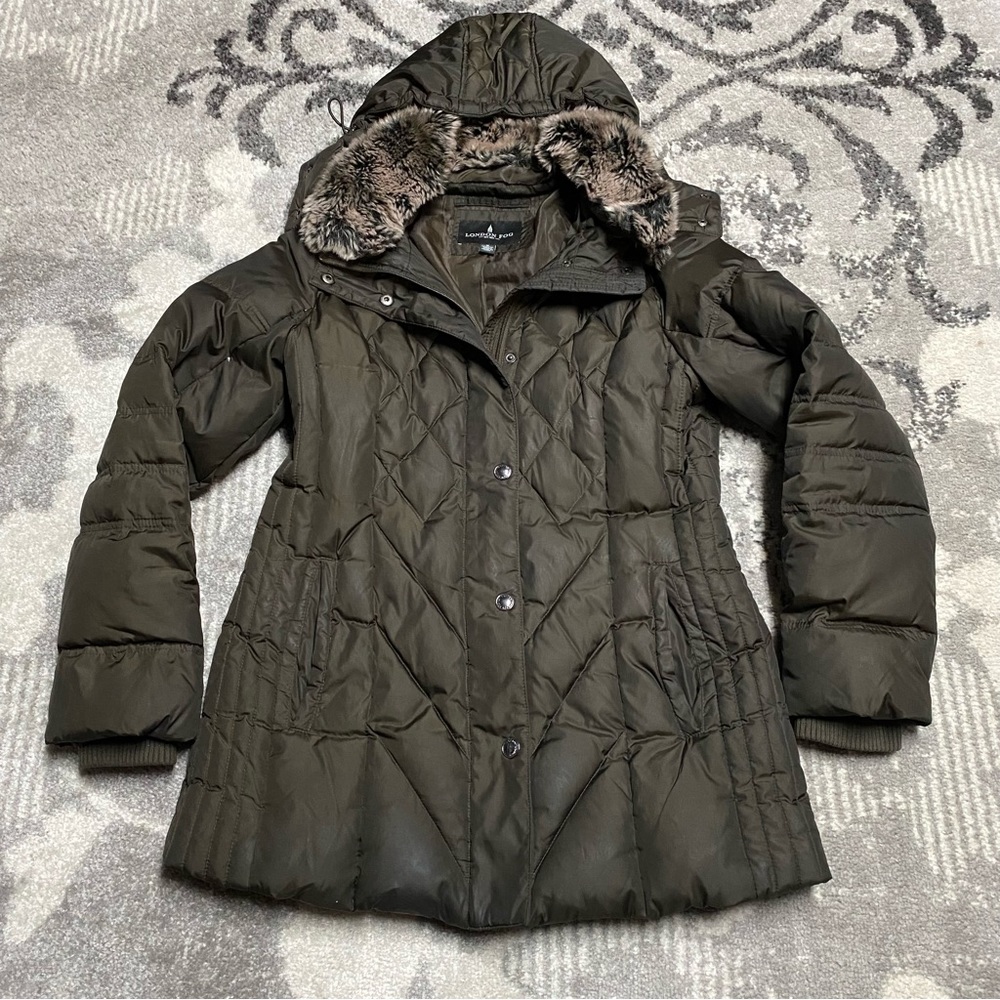 London Fog Dark Forrest Green Midi Length Puffer Coat